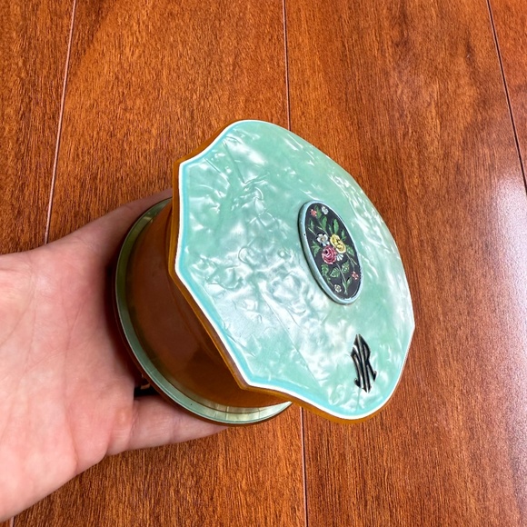 1930s Celluloid Art Deco Amber Blue Floral Powder Vanity Jar Trinket Box Jewelry - Picture 1 of 11